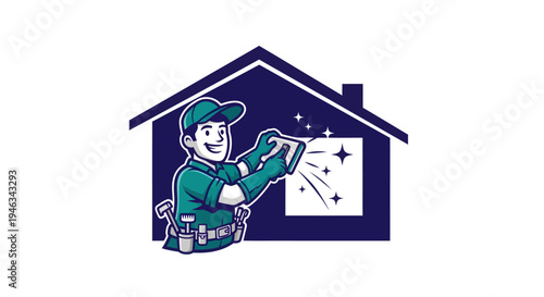 Professional window cleaner cartoon character with house.