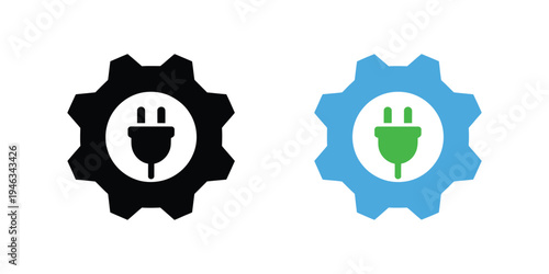 Minimal line icons, gear with electric plug, energy management, electrical engineering systems, power technology, industrial workflow optimization.
