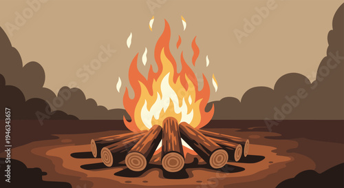 Large crackling campfire made of logs burning brightly in a dark outdoor campsite at night.