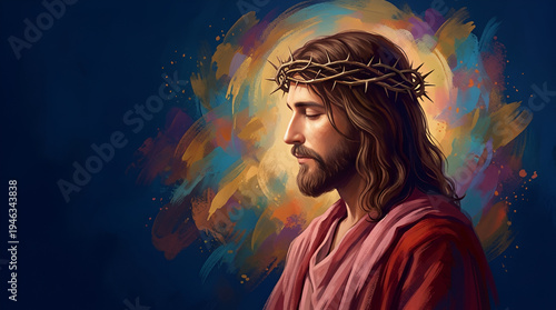 Jesus Christ portrait with crown of thorns, colorful abstract paint splatters. Modern pop art style illustration for Easter, Good Friday, religious themes. Deep blue background with vibrant color