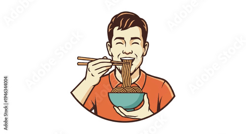 Man eating noodles with chopsticks illustration on white background