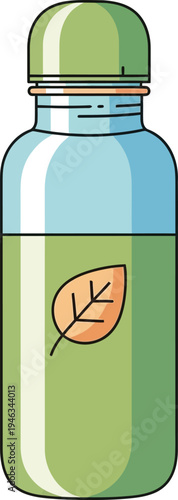 Illustration of Green Thermos Bottle with Leaf Design
