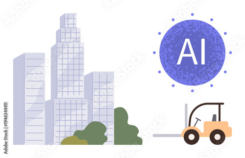 Technology advancement, industrial innovation, AI integration, smart cities, machine learning, futuristic industries. ion of a cityscape, forklift and AI symbol. AI integration and smart cities