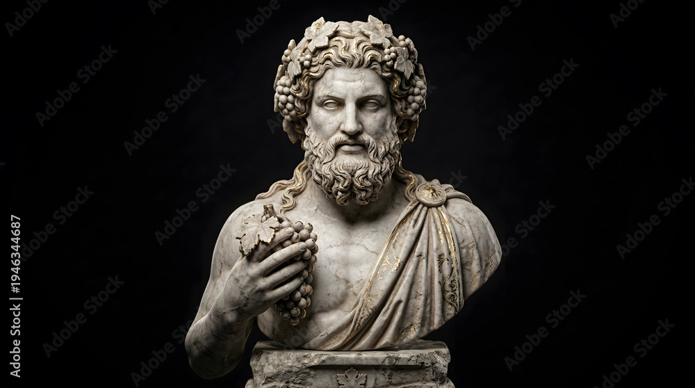 Obraz premium Dark Cinematic Marble Bust of Dionysus Holding Grapes