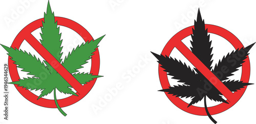 No marijuana sign with cannabis leaf, prohibition drug symbol, anti weed warning icon, illegal narcotics restriction vector illustration concept
