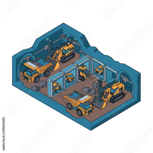 Isometric illustration of a mining operation with excavators and dump trucks working inside a tunnel.