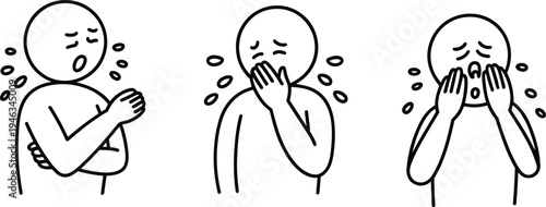 Person coughing sneezing and shivering symptoms flu cold respiratory illness health problem vector line illustration isolated icon set