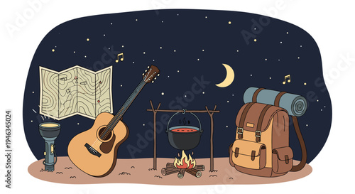 Set of camping gear including a guitar, backpack, map, and campfire under a starry night sky with a crescent moon.