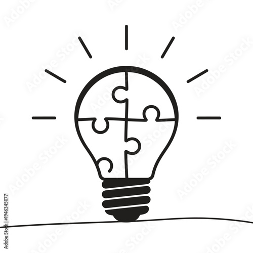Minimal line icons, light bulb split into puzzle pieces, representing innovation, problem solving, solutions, critical thinking, creative ideas concept.