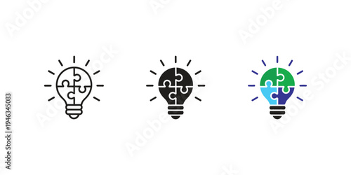 Minimal line icons, light bulb split into puzzle pieces, representing innovation, problem solving, solutions, critical thinking, creative ideas concept.