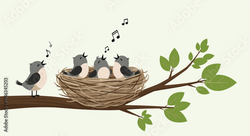 Group of small baby birds chirping loudly in a nest on a tree branch with green leaves against a soft pale green background in springtime.