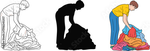 Person sorting laundry clothes vector illustration set, washing household chore concept with outline silhouette and colored character isolated