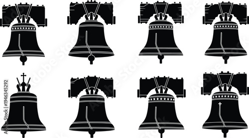 Liberty bell silhouette icon collection with crack detail, historic American symbol vector set, vintage independence bell illustration isolated on background