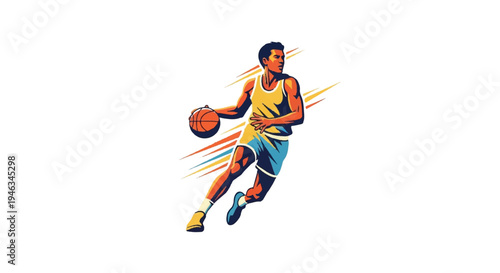 Basketball player in action dribbling ball vector illustration