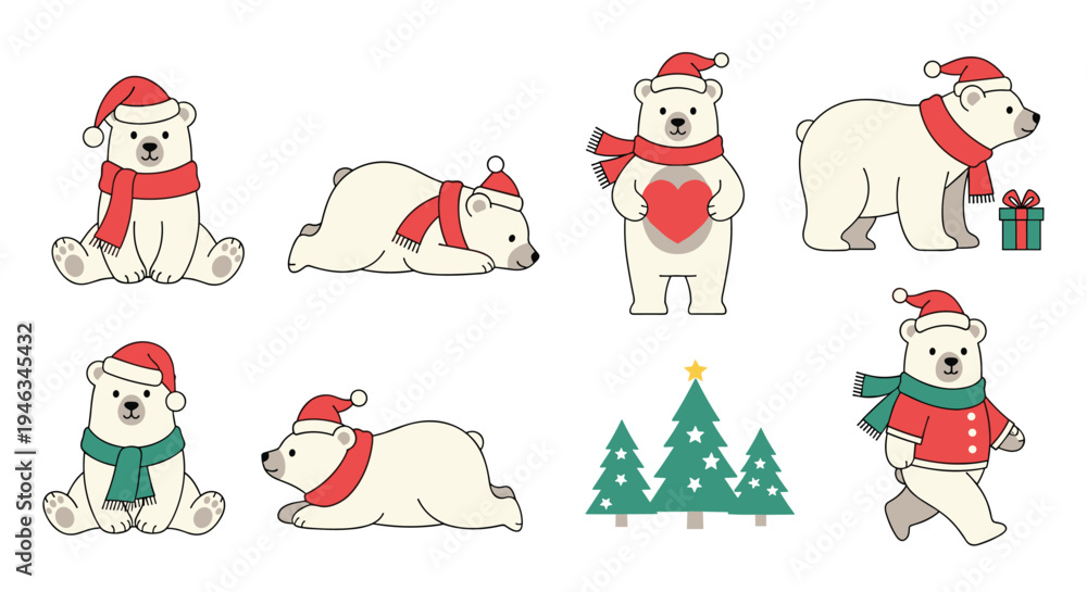 Fototapeta premium Set of cute polar bears wearing festive Santa hats and scarves in various poses and situations celebrating the Christmas holiday season.