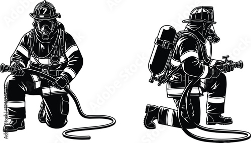 Firefighter silhouette illustration holding fire hose with protective gear and oxygen tank, emergency rescue worker vector design showing firefighting action and safety service
