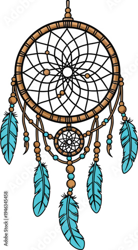 Illustration of Dreamcatcher with Turquoise Feathers and Beads