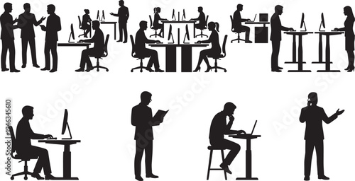 Business people office work silhouettes, teamwork meeting discussion computer workplace professional corporate worker icon set