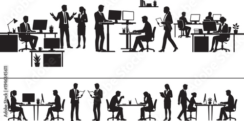 Business office worker silhouettes set, corporate teamwork meeting discussion computer workplace professional people vector collection