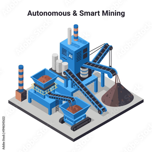 Isometric illustration of an autonomous and smart mining operation with automated machinery and conveyor belts processing raw materials.