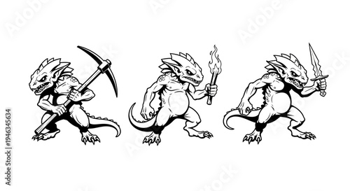 Set of Cartoon Dragon Creatures with Tools