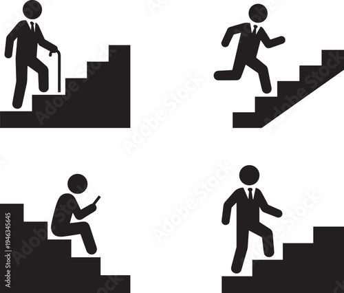 Business people stairs silhouettes set, climbing running sitting smartphone walking career success concept vector icons