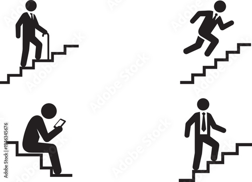 Business people stairs activity silhouettes, climbing running sitting smartphone walking success career concept vector icons