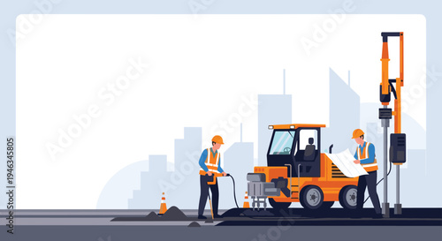 Professional construction workers operating heavy machinery and reviewing blueprints at a city building site with skyscrapers in the background.