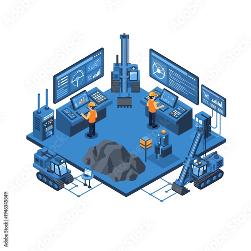 Isometric illustration of a modern mining operation control center with advanced technology and personnel overseeing operations.
