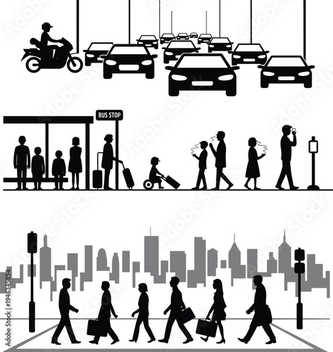 Urban city life silhouettes vector set, traffic cars pedestrians bus stop commuters crossing street skyline transportation illustration isolated
