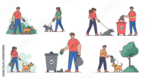 Set of responsible pet owners walking their dogs and cleaning up waste using bags and public trash cans in an outdoor park setting.