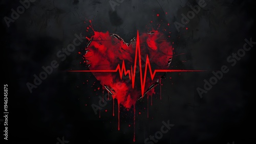 Broken heart with blood splatters and a flatline heartbeat trace on black. Heartbreak and emotional pain concept. Red stylized heart shape dripping with digital pulse line
