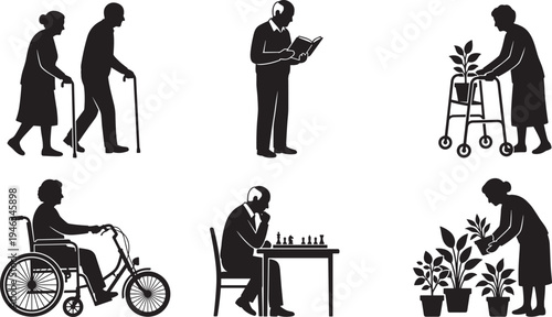 Elderly people activity silhouette set, senior man woman walking reading chess gardening wheelchair icons