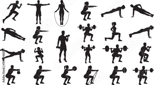 Fitness workout exercise silhouettes set, running jumping rope weightlifting squat pushup training gym sport icons
