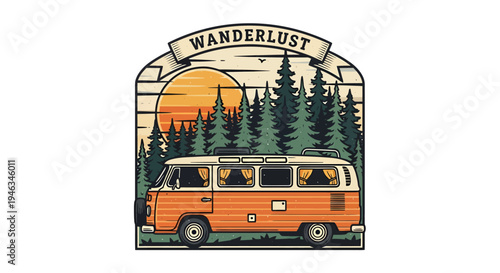 Vintage Camper Van Adventure in Forest with Sunset.