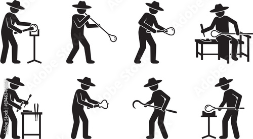 Glassblower artisan silhouettes set, glass blowing crafting workshop handmade production traditional craft worker vector icons