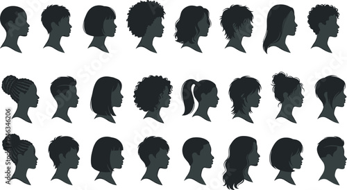 Human head profile silhouette collection, diverse men women hairstyles side view avatars character icons set
