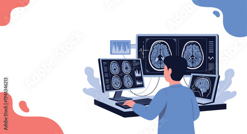Medical professional monitors brain scans on multiple computer screens in a modern neurological clinic setting.