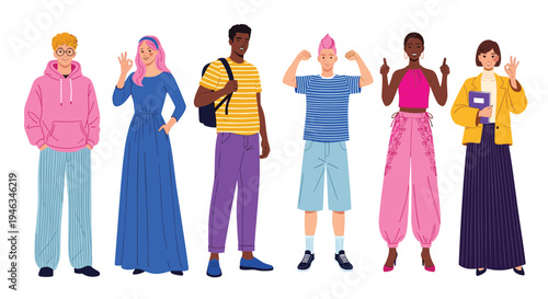 Group of six diverse young men and women in fashionable outfits are posing together with friendly expressions.