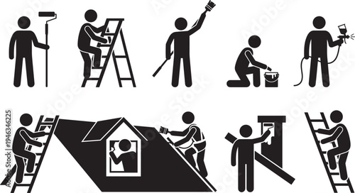 House painting workers silhouette set, home renovation painter ladder spray painting construction vector illustration