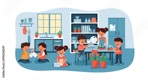 Group of young children are helping to clean the kitchen by washing dishes and tidying up the room together.