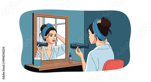 Young woman is standing in front of a mirror in a bathroom and using a hair dryer to style her dark hair.
