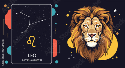 Stylish poster for the Leo zodiac sign features a powerful lion head illustration and the corresponding constellation.