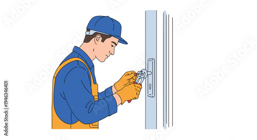 Professional locksmith in a blue uniform and orange overalls is using tools to repair or install a door lock.