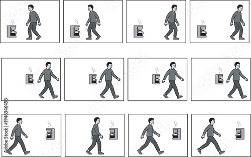 Man walking animation sprite sheet with coffee machine, character movement frames, cartoon vector illustration sequence
