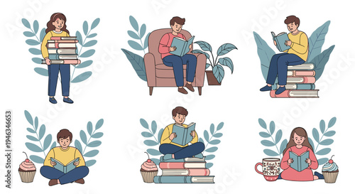 Collection of people in different poses reading books and relaxing with coffee and snacks in a cozy atmosphere.
