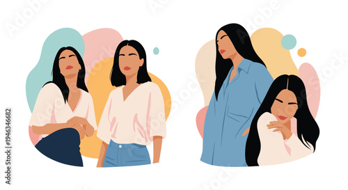 Artistic and abstract portraits of women are created with simple shapes and a soft color palette for modern design.