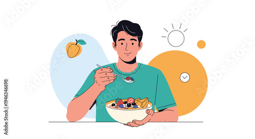 Young man is smiling while enjoying a healthy breakfast bowl filled with fresh berries, fruits, and yogurt.