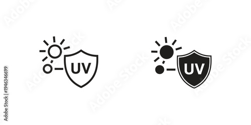 Minimal line icon, UV shield with molecular structure and upward arrows, representing UV resistance, material protection, performance improvement, product engineering concept.