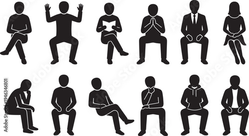 People sitting silhouette set, business men women seated poses waiting thinking talking human figures collection